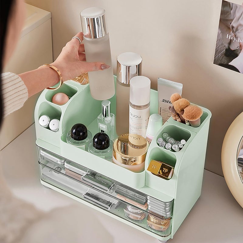 Heaime Makeup Organizer with Drawers for Vanity,Bathroom Countertop Organizer with Brushes Holder,Skincare Storage Organizer,Perfect Cosmetic Display Case for Skincare,Lipstick and Beauty Essential (Green) - Image 3